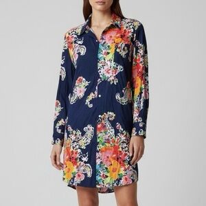 RALPH LAUREN Floral Long Sleeve Mini Shirt Dress Cover Up Navy Blue XL
